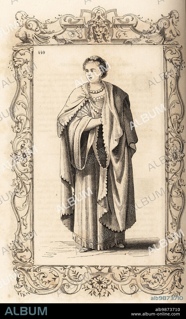 Costume of an African or Berber woman of the Kingdom of Tlemcen, Ottoman Empire (Algeria), 16th century. Cape over a robe with large sleeves, attached with a buckle of gold or silver, gold earrings. Within a decorative frame engraved by H. Catenacci and Fellmann. Woodblock engraving by Gerard Seguin and E.F. Huyot after a woodcut by Christoph Krieger from Cesare Vecellios 16th century Costumes anciens et modernes, Habiti antichi et moderni di tutto il mondo, Firman Didot Ferris Fils, Paris, 1859-1860.