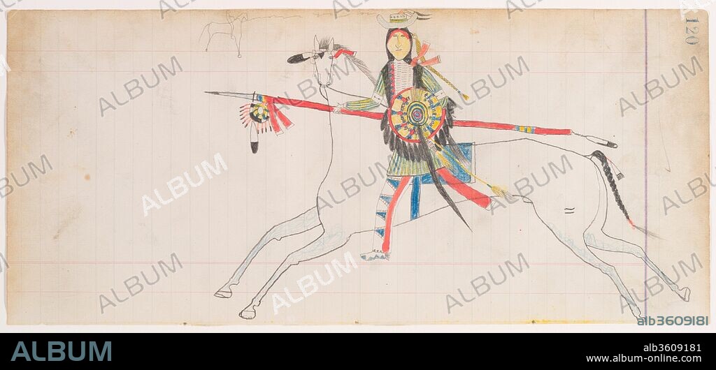Horse and Rider (Henderson Ledger Artist A). Artist: Frank Henderson (Native American, Hinono'eiteen (Arapaho), 1862-1885). Culture: Arapaho. Dimensions: H. 5 3/8 x W. 11 7/8 in.. Date: ca. 1882.