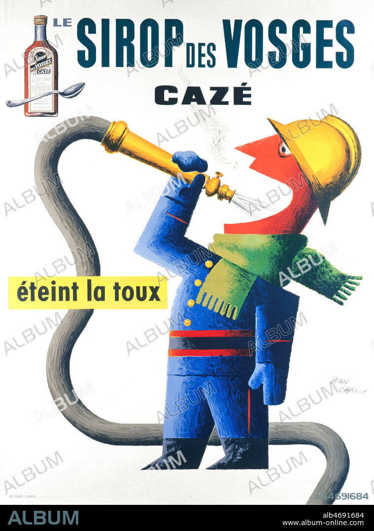 Un pompier se rafraichit avec sa lance a incendie. Publicite pour le sirop des Vosges Caze : 'eteint la toux' illustree par Jean CARLU (1900-1997)(ADAGP) vers 1950. Credit : Coll. Perrin/KHARBINE-TAPABOR.