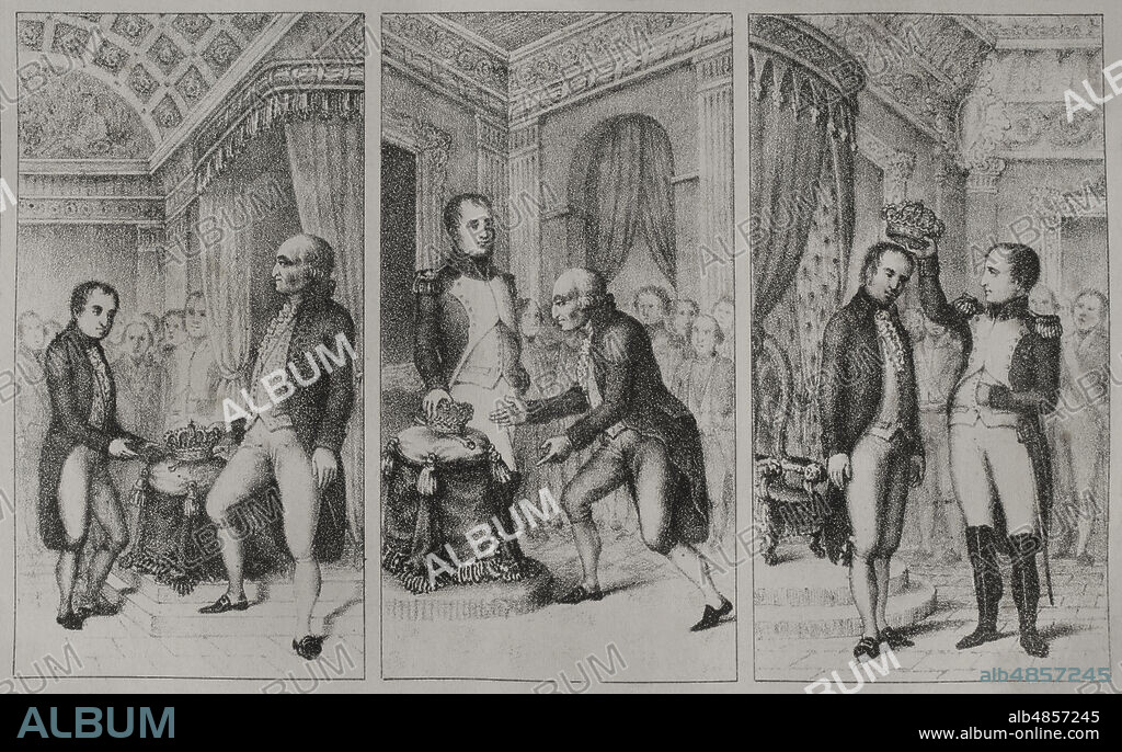 Abdicaciones de Bayona. 7 mayo de 1808 en el castillo de Marracq, en la ciudad francesa de Bayona. Fernando VII abdicó su derecho al trono español a favor de su padre Carlos IV, y éste a su vez fué obligado a ceder el trono a Napoleón Bonaparte, quien lo cedió a su hermano José Bonaparte, convirtiéndose en José I de España. Dibujo por F. Pérez. Grabado. Historia del Levantamiento, Guerra y Revolución de España, por el conde Toreno. Madrid,1852.
