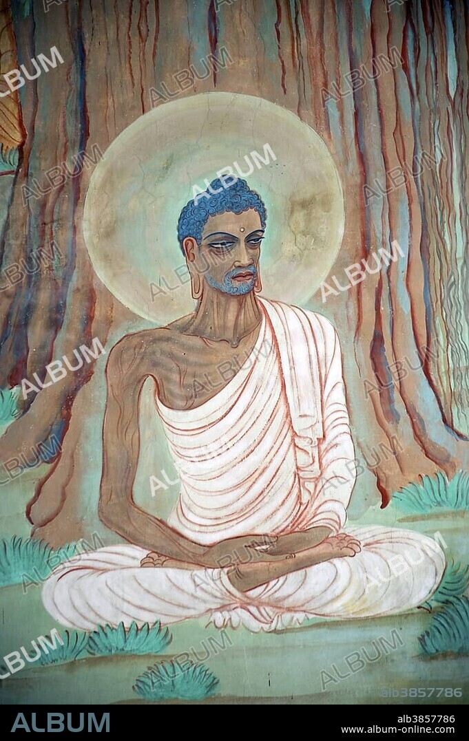 Sujata offering milk to Buddha who is living as an ascetic in the forest, detail of a wall painting of the Japanese artist Kosetsu Nosu representing the Life of Buddha, Mulagandha Kuti Vihara Buddhist temple, Sarnath, Uttar Pradesh, India, South Asia