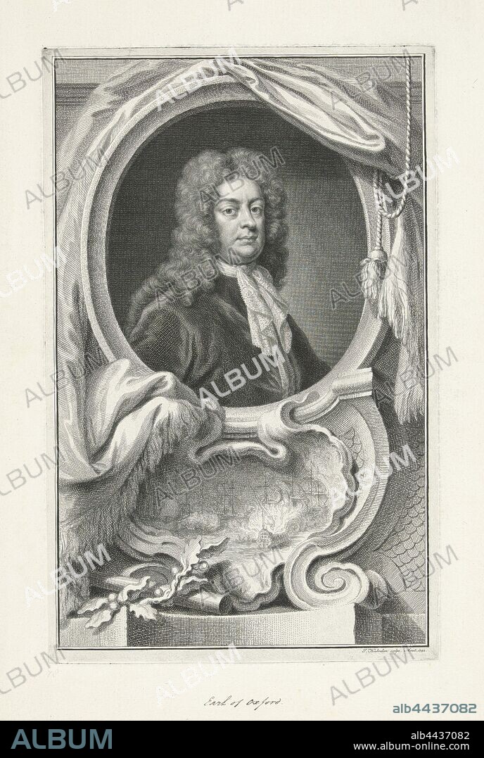 Portrait of Edward Russell, 1st Earl of Oxford, Portrait of Admiral Edward Russell, 1st Earl of Oxford. Below the portrait is a naval battle., Edward Russell (1st Earl of Oxford), Jacob Houbraken (mentioned on object), Amsterdam, 1742, paper, pen, h 373 mm × w 236 mm.