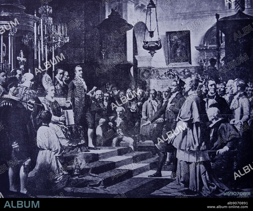 El juramento de las Cortes de Cádiz de 1810 (Oath of the Cortes of Cadiz in 1810) by José Casado del Alisal (18321886). When the Cortes convened in Cádiz in 1810, there appeared to be two possibilities for Spain's political future if the French could be driven out. The first written Spanish constitution was promulgated in Cádiz on 19 March 1812. The Constitution of 1812 is regarded as the founding document of liberalism in Spain.