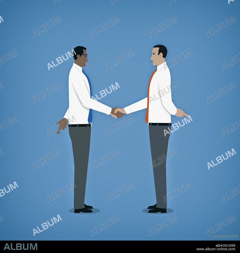 Hypocritical businessmen shaking hands hiding crossed fingers behind their backs.