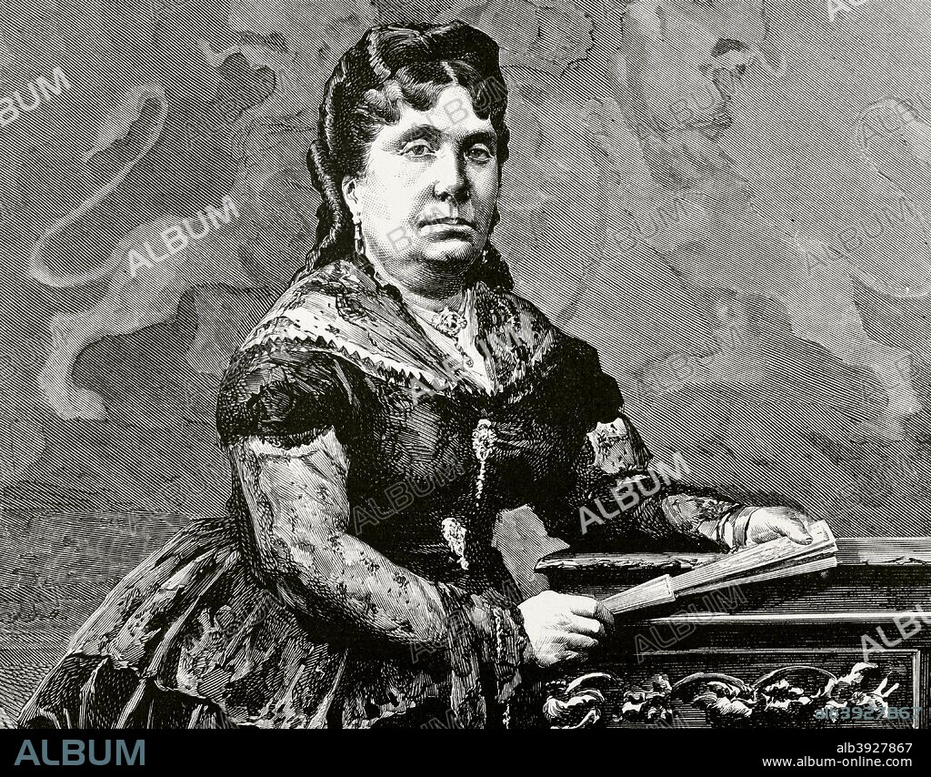 Isabel II. Doña Isabel de Borbón y Borbón (1830-1904). Reina de España de 1833-1868. Hija mayor de Fernando VII tras el matrimonio con su cuarta esposa, María Cristina. Proclamada reina a la muerte de su padre en 1833. Durante su minoría de edad (1833-1843), su madre y el general Espartero ejercieron la regencia. Tras la revolución de 1868, abandonó España y se exilió en Francia. En 1870 abdicó en favor de su hijo Alfonso, futuro rey Alfonso XII (1874-1885). Retrato de la Reina Madre durante el reinado de Alfonso XII. Detalle. Grabado. La Ilustración Española y Americana. 30 de Julio de 1876. Biblioteca Histórico Militar de Barcelona. Cataluña, España.