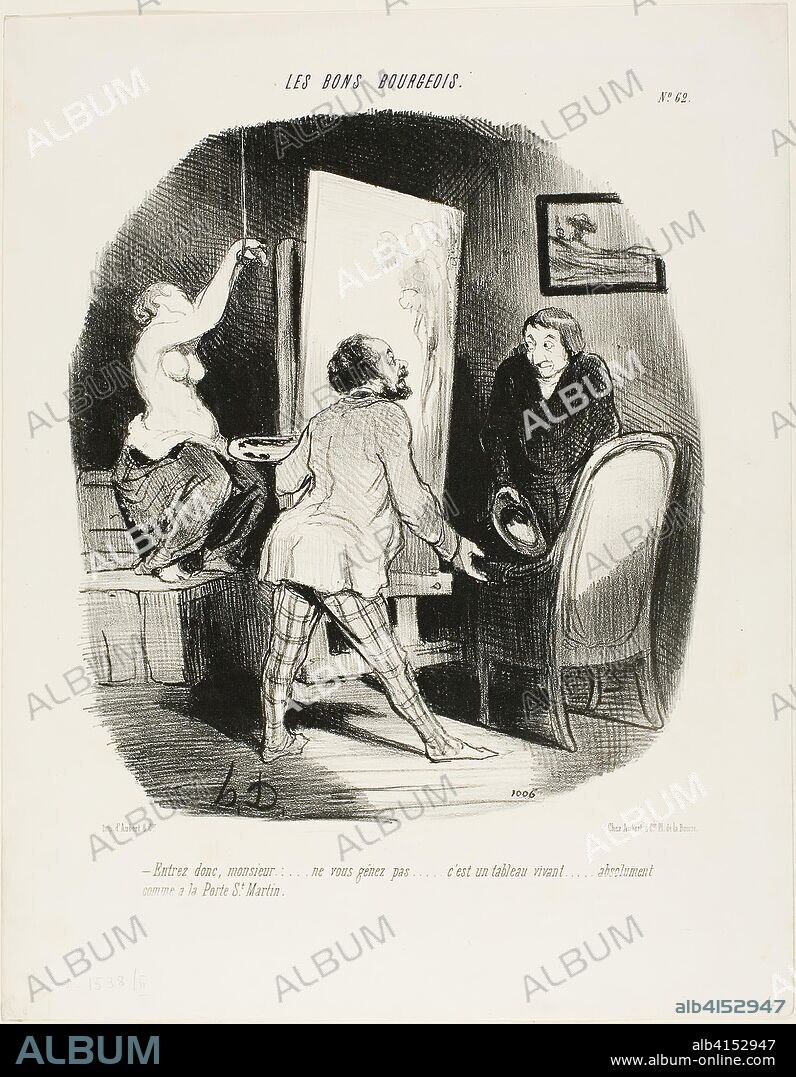 HONORé-VICTORIN DAUMIER. "Come on in, Monsieur, don't be shy. It's a living picture.... just like (you'd see) at the Porte St. Martin," plate 62 from Les Bons Bourgeois. Honoré Victorin Daumier; French, 1808-1879. Date: 1847. Dimensions: 247 × 218 mm (image); 348 × 274 mm (sheet). Lithograph in black on off-white wove paper. Origin: France.