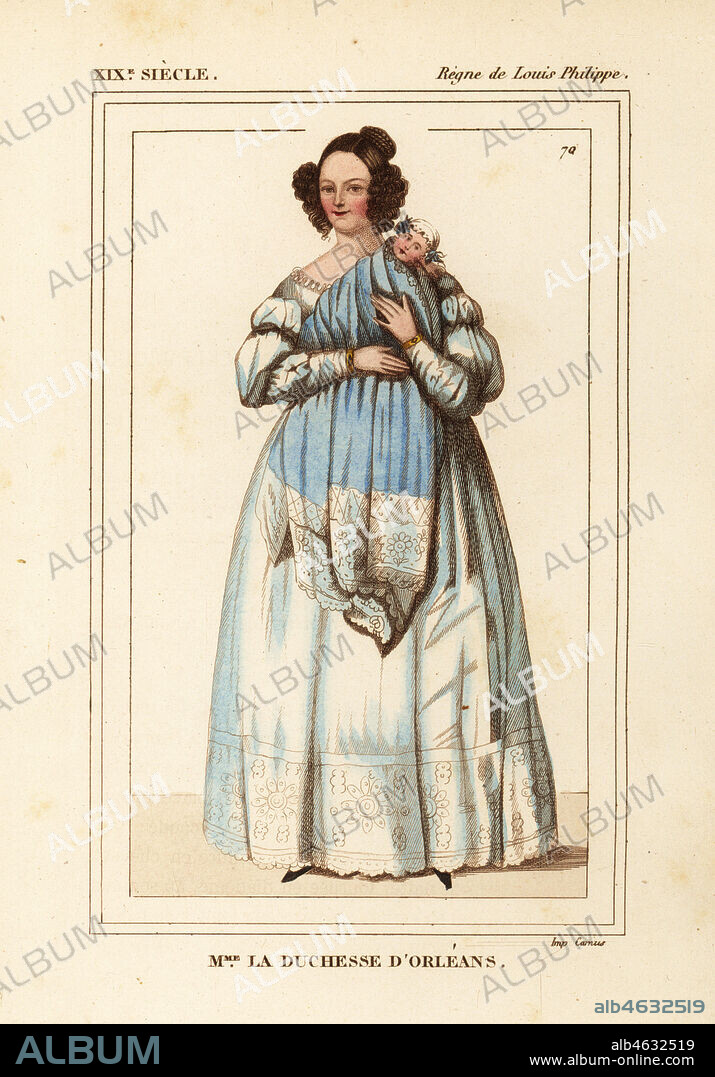 Helene-Louise-Elisabeth de Mecklenburg-Schwerin, Duchess of Orleans, Duchesse d'Orleans 1814-1858 with her son Philippe, Count of Paris. Handcoloured lithograph from Le Bibliophile Jacob aka Paul Lacroix's Costumes Historiques de la France (Historical Costumes of France), Administration de Librairie, Paris, 1852.