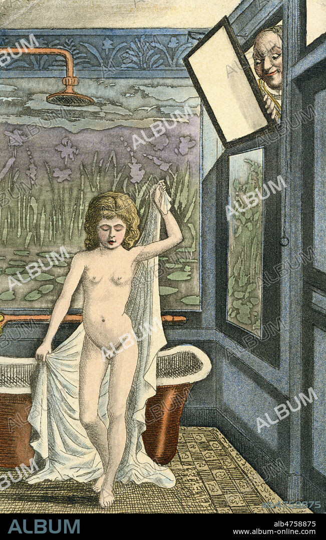 Jeune adolescente nue sortant de son bain, un homme l'observe par une lucarne. Illustration anonyme pour une carte postale vers 1910. Credit : Collection IM/KHARBINE-TAPABOR.