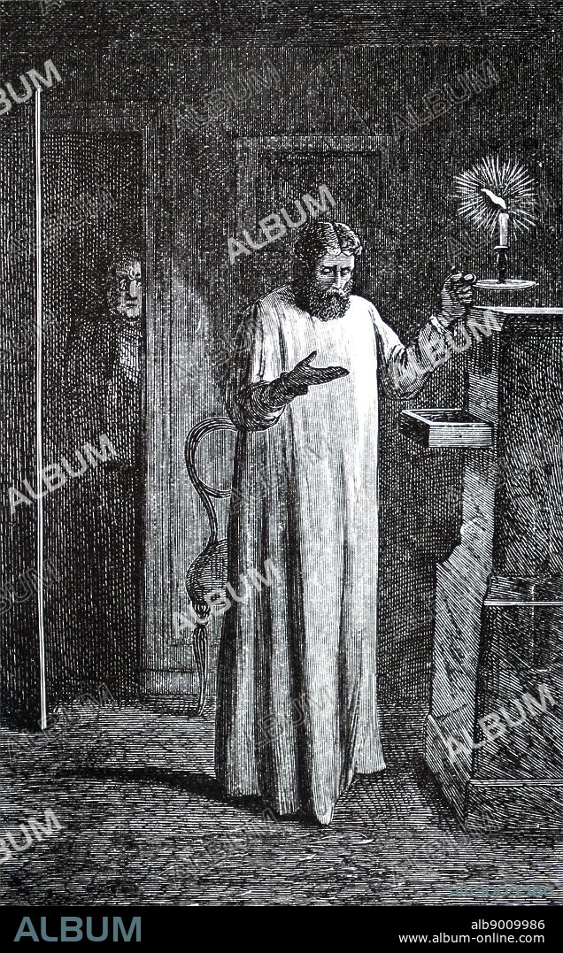 Engraving depicting a scene from Wilkie Collins' 'Moonstone' - Repeat of Dr Candy's experiment. Ezra Jennings observing Franklin Blake under the influence of Laudanum sleepwalking, taking the false diamond from Rachel's dressing room. Illustrated by Francis Arthur Fraser (1846-1924) an English painter and cartoonist. Wilkie Collin's (1824-1889) an English novelist, playwright, and short story writer. Dated 19th century.