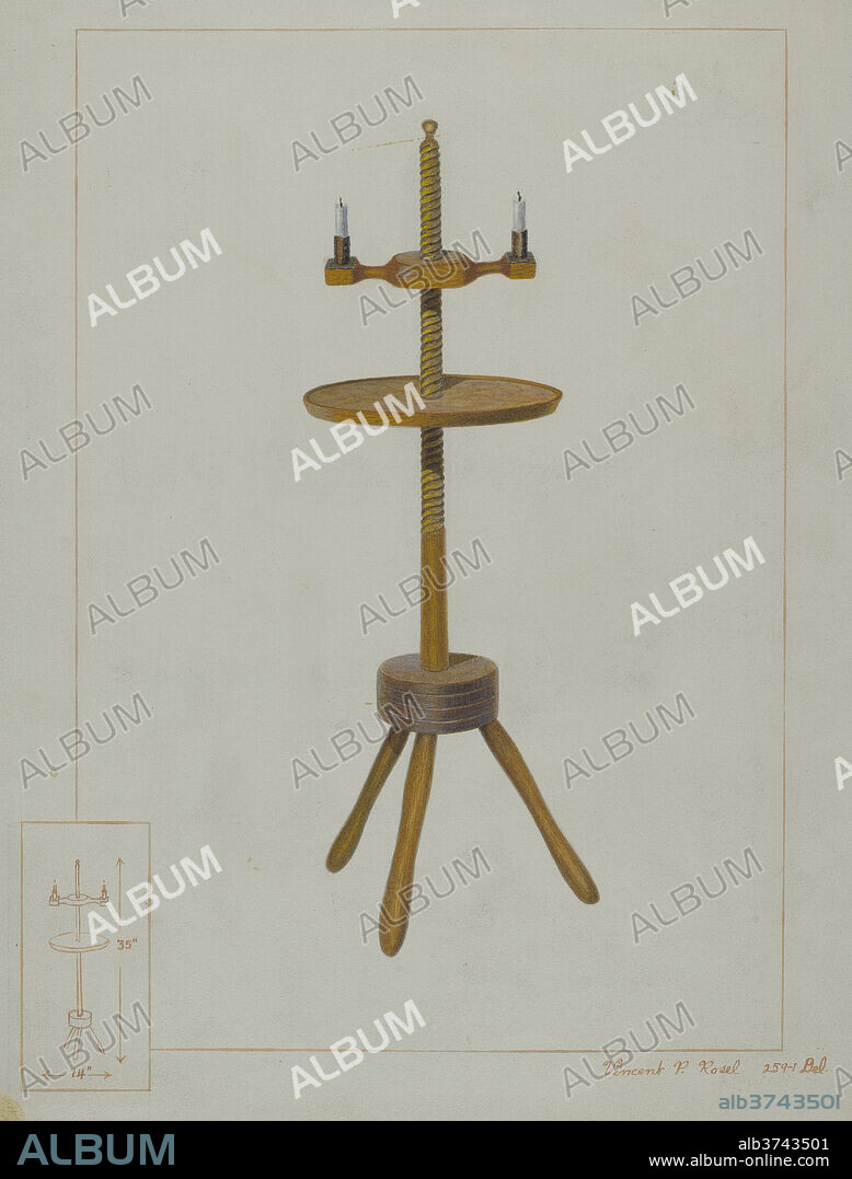 VINCENT P. ROSEL. Maple Candlestand. Dated: c. 1938. Dimensions: overall: 30.6 x 23.1 cm (12 1/16 x 9 1/8 in.)  Original IAD Object: 35"high x 14"wide.. Medium: watercolor, gouache, graphite, colored pencil, andpen and ink on paper.