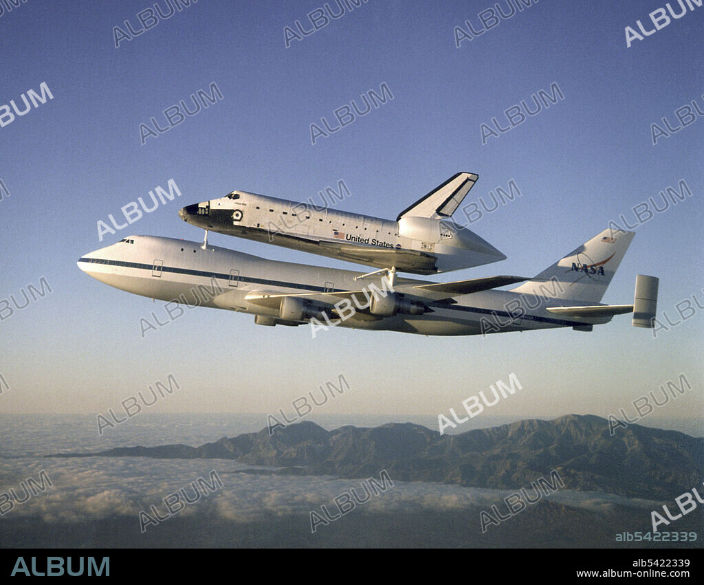 Space Shuttle Atlantis, Florida, USA, 1998. The Space Shuttle Atlantis atop the Shuttle Carrier Aircraft (SCA) returns to the Kennedy Space Center after a ten-month refurbishment.