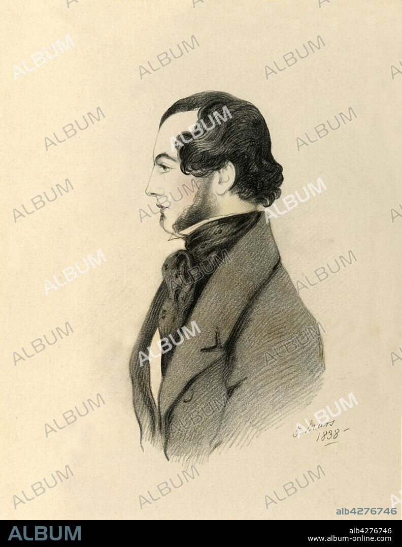 RICHARD JAMES LANE. 'J Home Purves', 1838. Portrait of John Home Purves (c1816-1867), Colonel and Equerry and Comptroller of the Household to the Duchess of Cambridge, nephew of Lady Blessington. From "Portraits by Count D'Orsay", an album assembled by Lady Georgiana Codrington. [1850s].