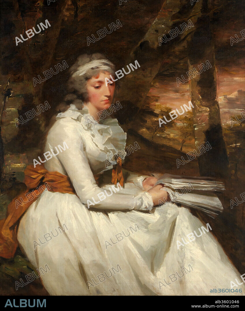 Mrs. Richard Alexander Oswald (Louisa Johnston, ?born about 1760, died 1797). Artist: Sir Henry Raeburn (British, Stockbridge, Scotland 1756-1823 Edinburgh, Scotland). Dimensions: 48 1/2 x 40 7/8 in. (123.2 x 103.8 cm). Date: ca. 1794.
The portrait was painted about a year after the sitter's marriage in 1793 to Richard Alexander Oswald. In praise of her beauty, the Scottish poet Robert Burns wrote a song, "O, Wat ye Wha's in Yon Town." The setting sun brilliantly illuminates the sky through a screen of tree trunks and foliage, a device Raeburn favored in the mid-1790s. The subject is shown seated outdoors holding a book, lost in thought.