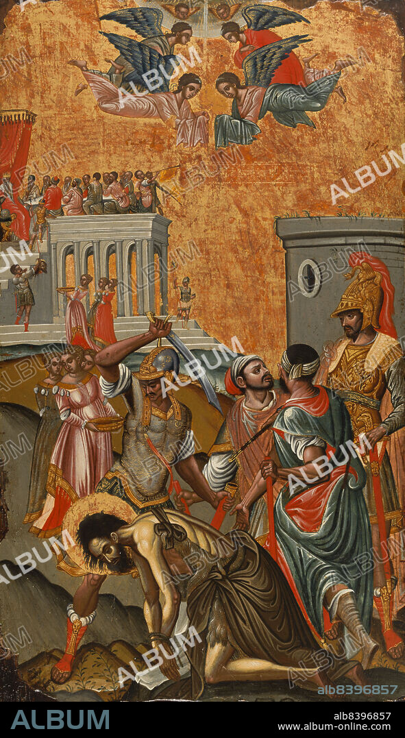 GREEK SCHOOL. Beheading of Saint John the Baptist and Herod's Feast, between 1600 and 1650.
