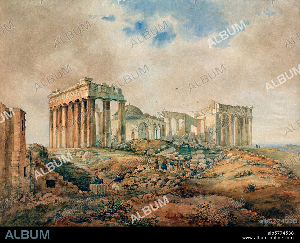 Athens (Greece), Parthenon on the Acropolis. (Temple of Athena, built 447-422 BC. Arch.: Iktinos and Kallikrates). "View of the Parthenon with the mosque from the northwest". Watercolour, 1836, by Christian Hansen. (1803-1883). Pencil and watercolour, 43.5 × 58cm. Inv. Nr. 14989. Copenhagen, Kunstakademiets Bibliotek.
