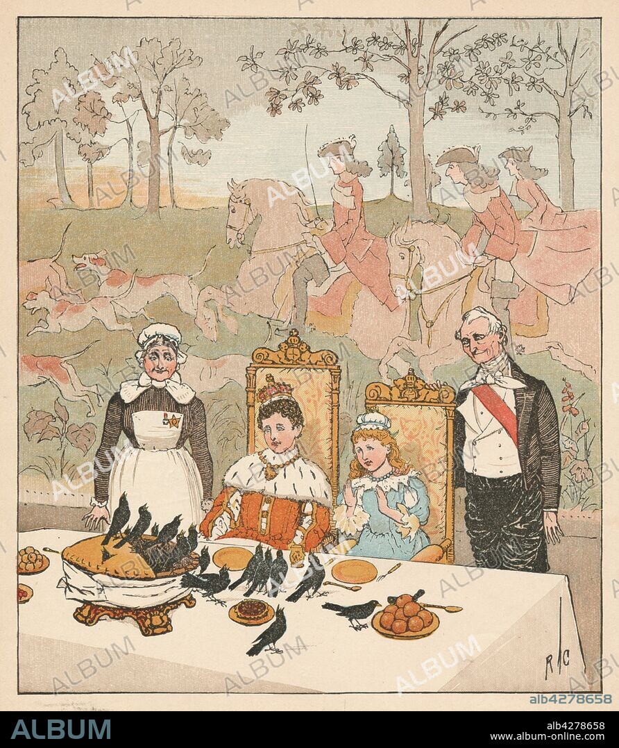 'When the Pie was opened, The Birds began to sing; Was not that a dainty Dish To set before the King?', 1880. From "Sing a Song of Sixpence", illustrated by Randolph Caldecott. [George Routledge & Sons, London, 1880].
