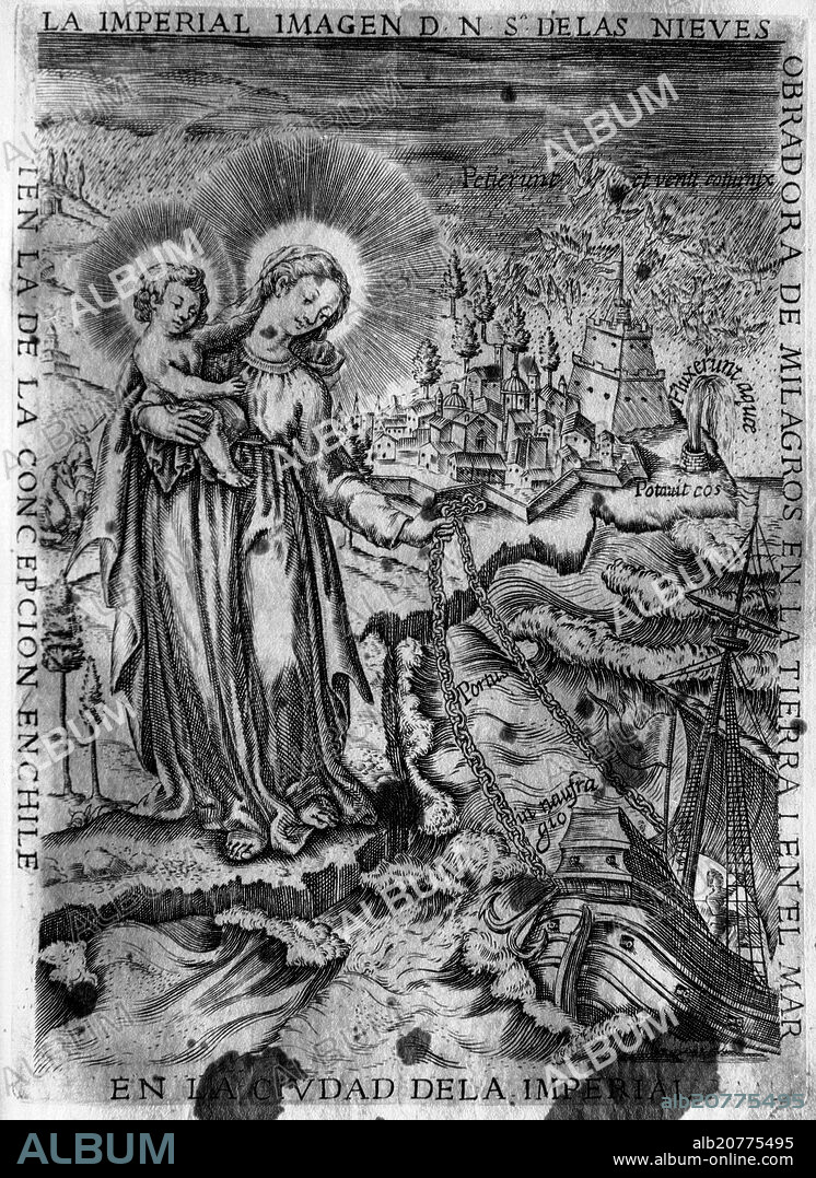 ALONSO DE OVALLE. LA IMPERIAL IMAGEN DE NUESTRA SEÑORA DE LAS NIEVES - HISTORICA RELACION DEL REINO DE CHILE - GRABADO SIGLO XVII.