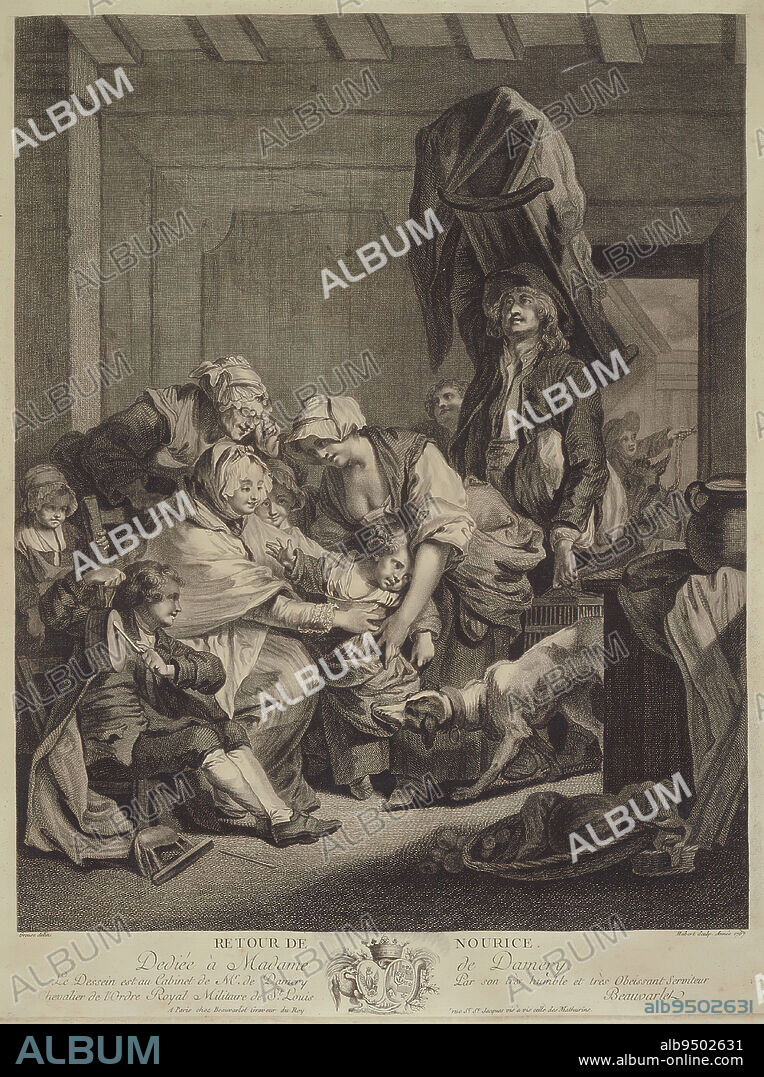 The Return from the Wet Nurse, 1767, François Hubert; Artist: Jean-Baptiste Greuze, French, 17251805, 18 3/4 x 14 3/8 in. (47.63 x 36.51 cm) (image)23 1/2 x 17 1/2 in. (59.69 x 44.45 cm) (sheet), Engraving, France, 18th century.