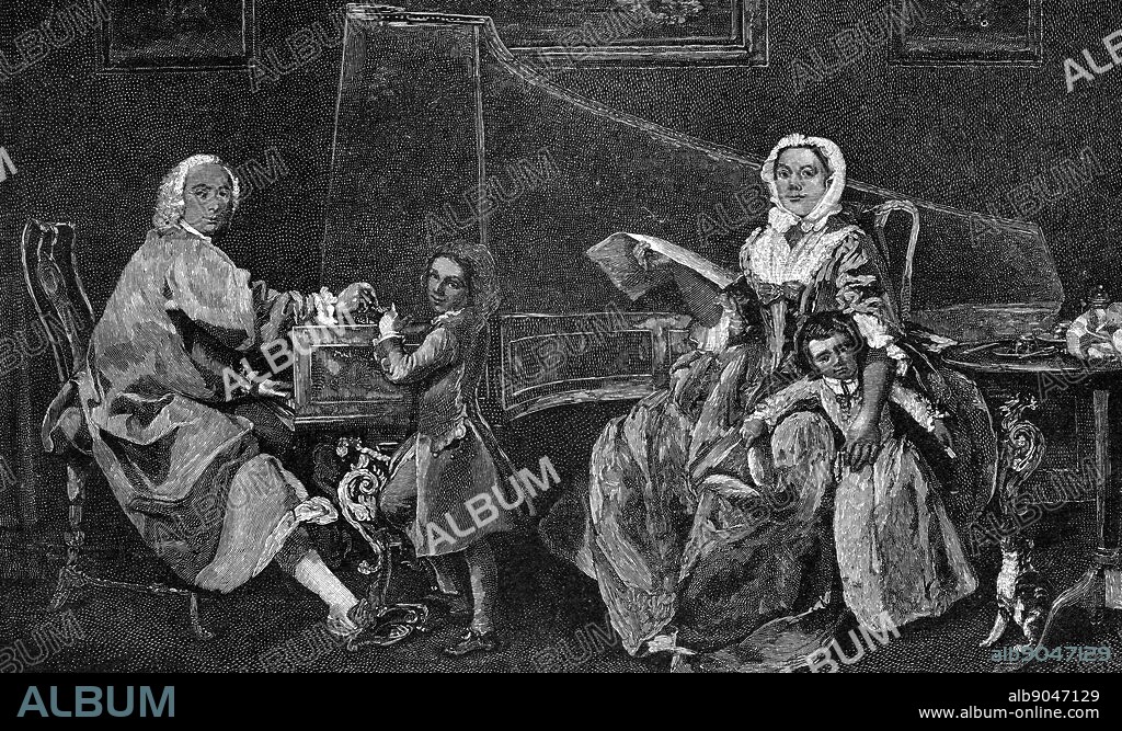 Painting titled 'The Shudi Family Group' by Marcus Tuscher (1705-1751) a German-born Danish polymath, portrait painter, printmaker, architect, and decorator of the Baroque period. Dated 18th Century.