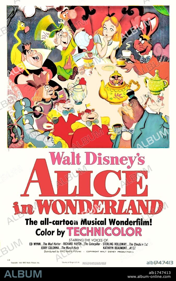 Poster of ALICE IN WONDERLAND, 1951, directed by CLYDE GERONIMI, HAMILTON LUSKE and WILFRED JACKSON. Copyright WALT DISNEY PICTURES.