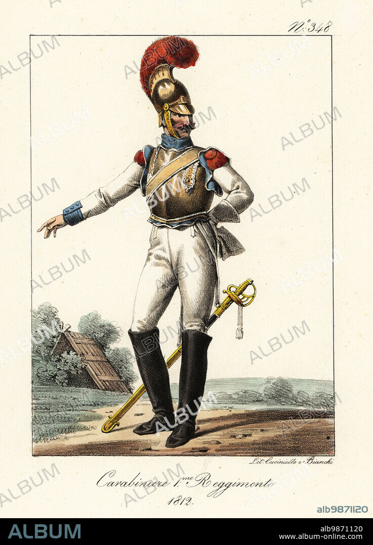 Uniform of the 1st Regiment of Carabiniers-a-Cheval. He wears a copper dragoon's helmet with scarlet chenille, brass breastplate, white uniform, scarlet epaulettes, blue cuffs, boots, and sabre. Carabinier 1er Regiment, 1812. Handcoloured lithograph by Lorenzo Bianchi and Domenico Cuciniello after Hippolyte Lecomte from Costumi civili e militari della monarchia francese dal 1200 al 1820, Naples, 1825. Italian edition of Lecomtes Civilian and military costumes of the French monarchy from 1200 to 1820.
