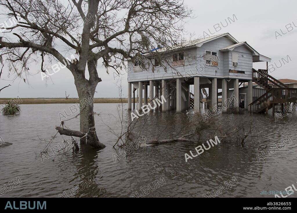 The only road on the Isle de Jean Charles in Terrebonne Parish, Louisiana is flooded from the storm surge of Hurricane Ike. The Isle has been losing land to the Gulf of Mexico for over twenty years, and is rapidly being cut off from nearby Pointe aux Chenes. Many of the residents are members of the Houma tribe of native American Indians.