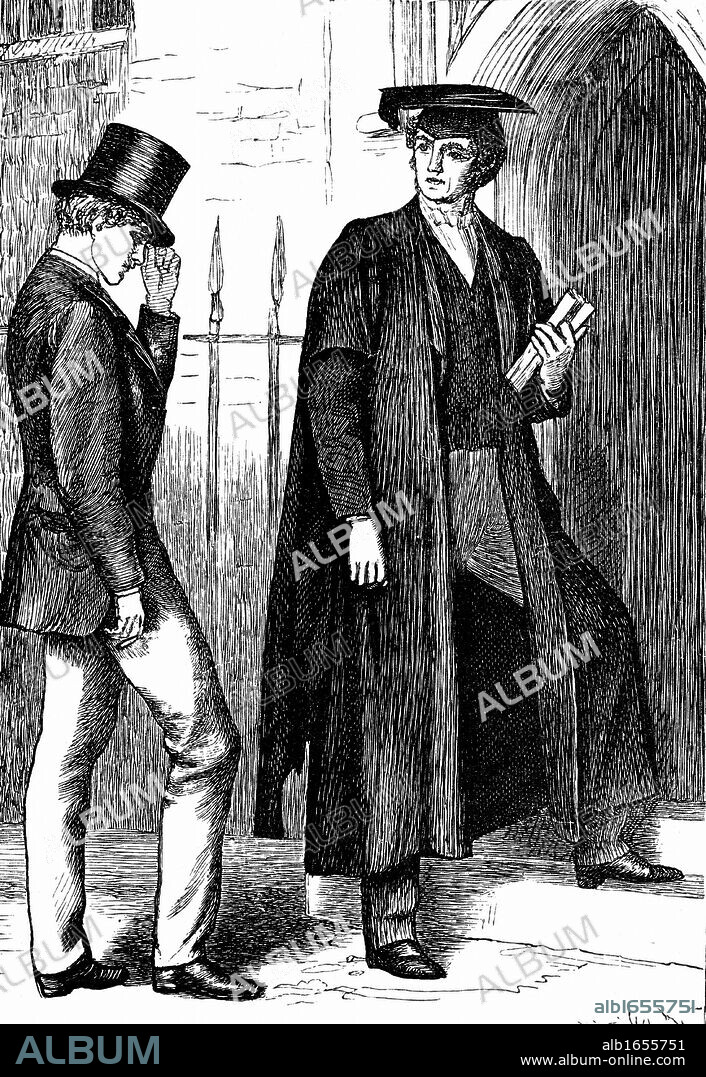 Thomas Arnold (1795-1842) British educationalist and scholar, headmaster of Rugby School, speaking to one of the schoolboys. Depiction from 1869 edition of Thomas Hughes "Tom Brown's Schooldays".