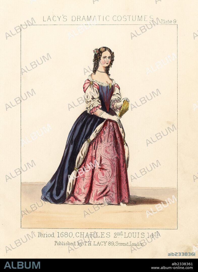 Costume of a lady, reign of King Charles II, 1680. Handcoloured lithograph from Thomas Hailes Lacy's "Female Costumes Historical, National and Dramatic in 200 Plates," London, 1865. Lacy (1809-1873) was a British actor, playwright, theatrical manager and publisher.