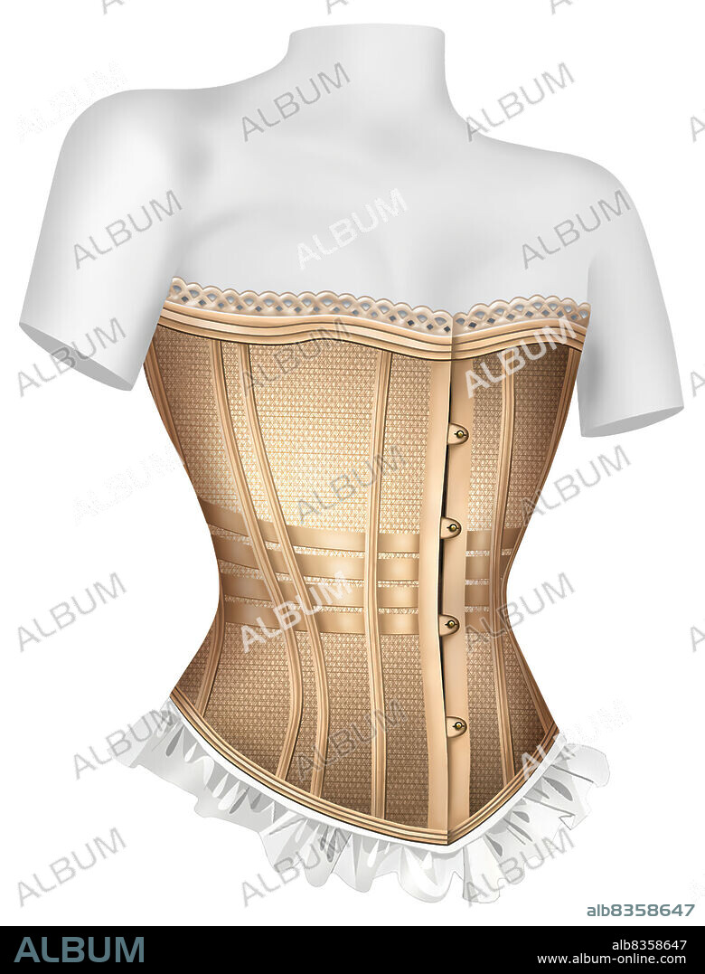 Tight-fitting undergarment with stays that appeared in the 18th century;  women laced it up under their dresses to shape their waists and hold in  their stomachs. - Album alb8358647