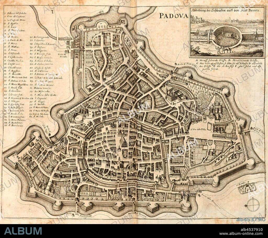 Padova and picture of sluices on the river Brenta, Map of Padua (Italy); Locks of the Brenta, Fig. 15, p. 72, 1640, Martin Zeiller: Itinerarium Italiae nov-antiquae oder Raiss-Beschreibung durch Italien: darinn nicht allein viel underschiedliche Weg durch das Welschland selbsten [...]. Frankfurt am Mayn: in Verlegung Matthaei Merians, M.DC.XL. [1640].