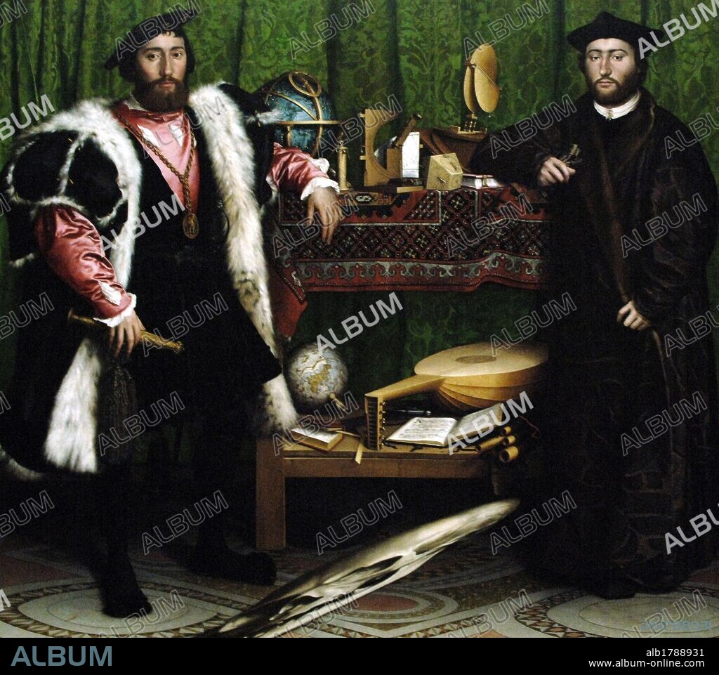 HANS HOLBEIN LE JEUNE. Hans Holbein the Younger (1497-1543). German artist. Renaissance. The Ambassadors, 1533. Portrays Jean de Dinteville and Georges de Selve, the ambassadors of Francis I of France. National Gallery. London. England. United Kingdom.(1504-1555)  and Georges de Selve (1508-1541), the ambassadors of Francis I of France. National Gallery. London. England. United Kingdom.