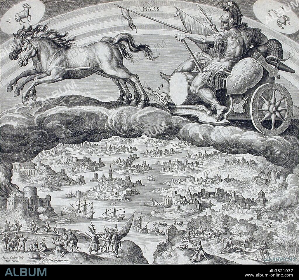 Engraving of the Greek god Mars by Johannes Sadeler I, 1585. Part of a series entitled: Planetarium - Effectus et Eorum in Signis Zodiac. Mars, fully armed and armored, rides his dog-drawn chariot. Note his astrological houses, Aries and Scorpio in each of the top corners. Mars was the Roman god of war and also an agricultural guardian, a combination characteristic of early Rome. He was second in importance only to Jupiter, and he was the most prominent of the military gods worshipped by the Roman legions. His festivals were held in March, the month named for him (Latin Martius), and in October, which began and ended the season for military campaigning and farming. Under the influence of Greek culture, Mars was identified with the Greek god Ares, whose myths were reinterpreted in Roman literature and art under the name of Mars. Although Ares was viewed primarily as a destructive and destabilizing force, Mars represented military power as a way to secure peace, and was a father (pater) of the Roman people. In the mythic genealogy and founding myths of Rome, Mars was the father of Romulus and Remus with Rhea Silvia. His love affair with Venus symbolically reconciled the two different traditions of Rome's founding.