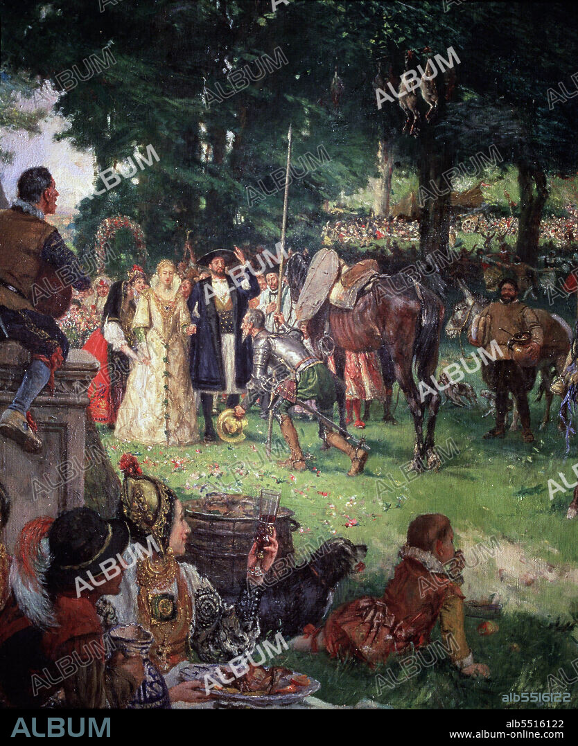 JOSÉ MORENO CARBONERO. CERVANTES SAAVEDRA, MIGUEL DE. DON QUIJOTE. ESCRITOR ESPAÑOL. ALCALA DE HENARES 1547-1616. " LAS BODAS DE CAMACHO " ( DETALLE ). EPISODIO DE SU NOVELA "DON QUIJOTE DE LA MANCHA". OLEO DE JOSE MORENO CARBONERO. MUSEO ACADEMIA BELLAS ARTES SAN FERNANDO.MADRID.