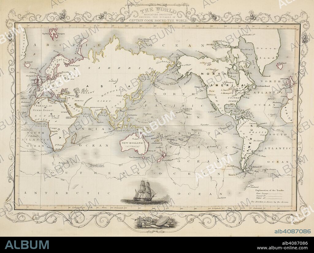 A map of the world showing the voyages of Captain Cook. Tallis's Illustrated Atlas, and Modern History of the World, Geographical, Political, Commercial, and Statistical. Edited by R. Montgomery Martin. London : John Tallis and Co., 1851. Source: Maps 5.e.25, map 1. Language: English.