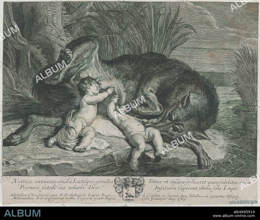 After Justus van Egmont, Romulus and Remus suckling the she-wolf on a riverbank, After Justus van Egmont (Flemish, Leiden 16011674 Antwerp), Anonymous, Peter Paul Rubens (Flemish, Siegen 15771640 Antwerp), ca. 165075, Engraving, Sheet (Trimmed): 12 5/8 × 15 7/8 in. (32 × 40.3 cm), Prints.