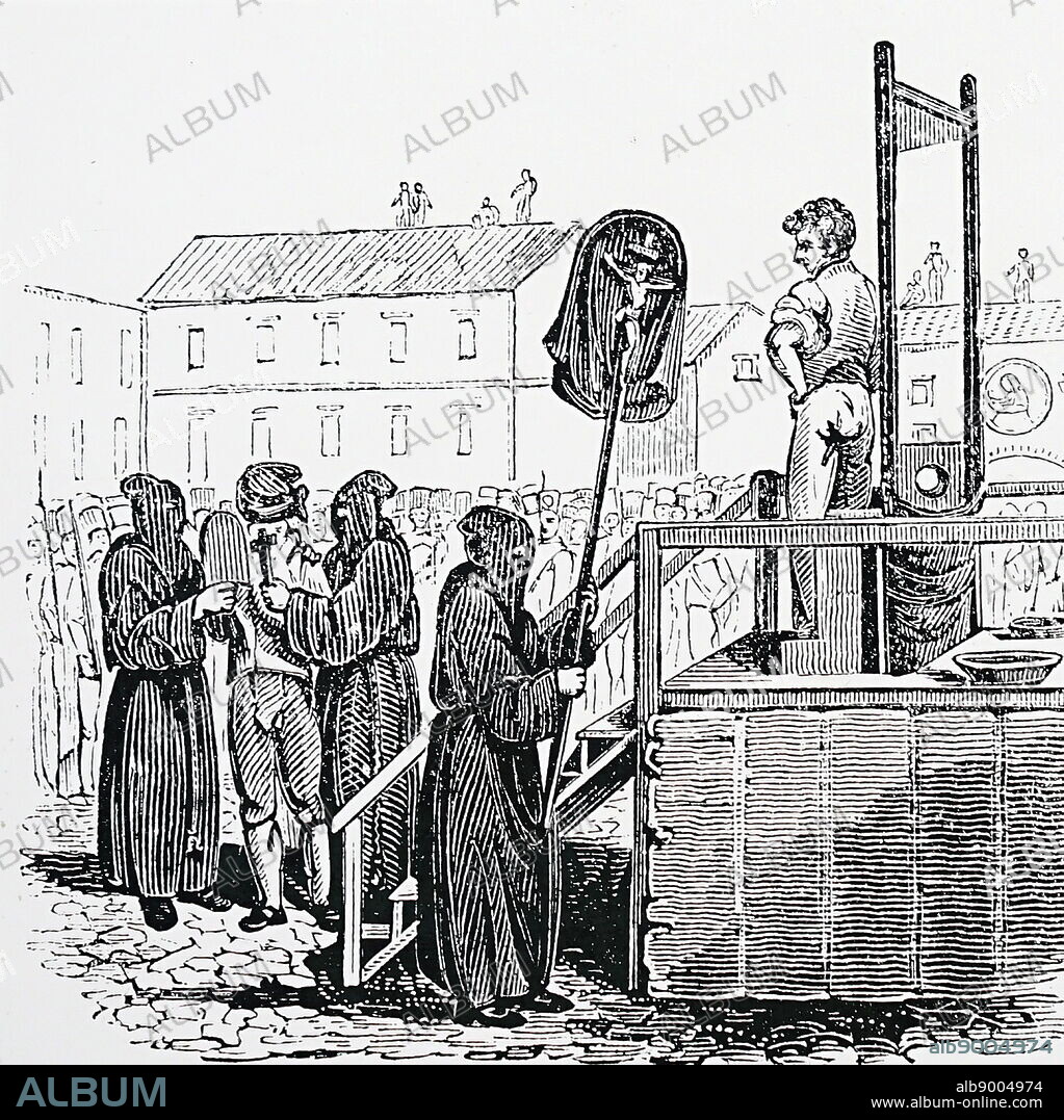 Illustration depicting a condemned man being led to his execution at the guillotine. Dated 19th Century.