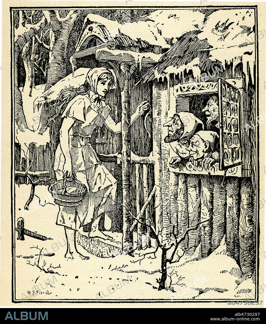 Les trois petits hommes (ou les trois nains ) de la foret, ' Il y avait partout de la neige et pas un brin d¿herbe. Quand la malheureuse entra dans la foret, elle aperçut une maisonnette ou trois nains la regardaient venir. Apres leur avoir dit bonjour, elle heurta à la porte.' La jeune fille est sa robe de papier. conte de GRIMM. The red fairy book de Andrew LANG , Londres , 1898. Credit JEAN VIGNE/KHARBINE TAPABOR.