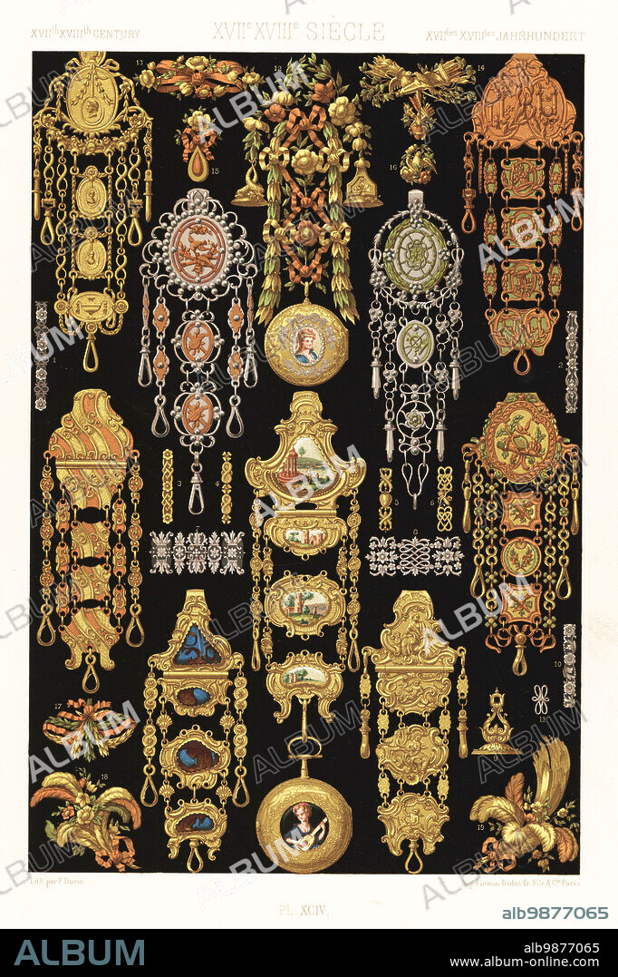Chains, clasps, chatelaines and jewellery. Chains and seal by the French court jeweler Gilles lEgare 1-11, and set of ladys jewelry from the era of King Louis XVI, 12-19. 17th and 18th centuries, XVIIe XVIIIe Siecle. Hand-finished chromolithograph by F. Durin from Albert-Charles-Auguste Racinets LOrnement Polychrome, (Polychromatic Ornament), Firmin-Didot, Paris, 1869-73.