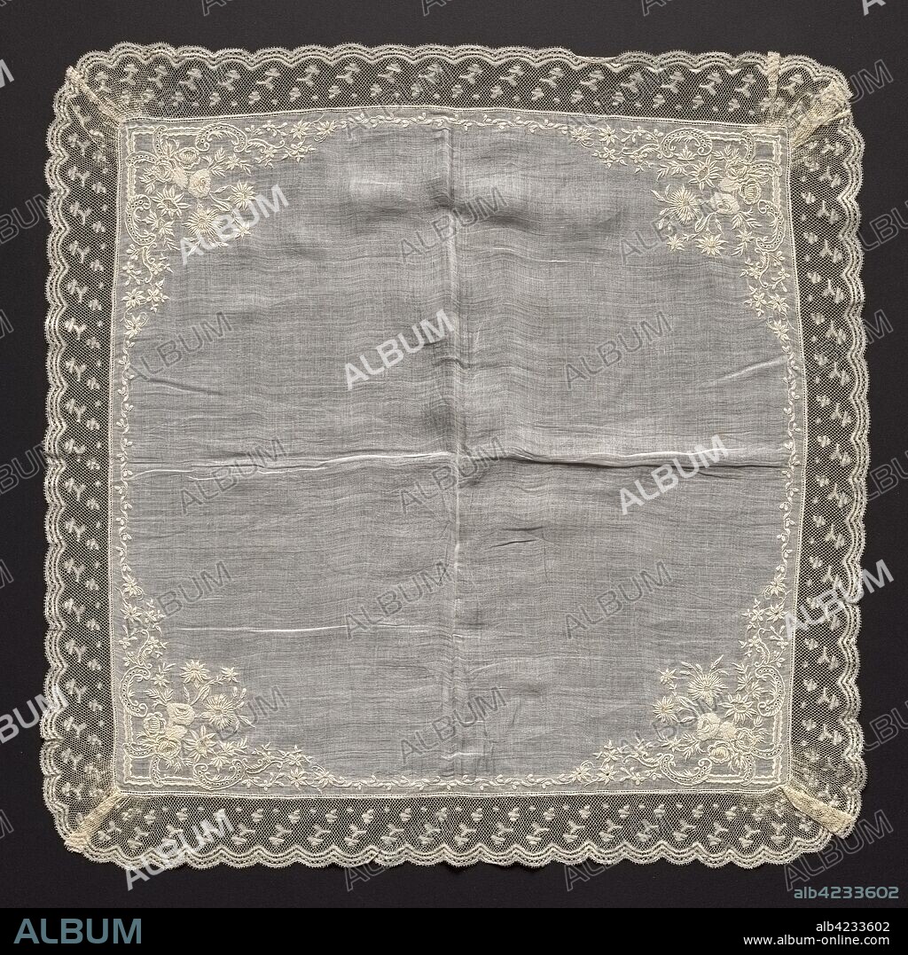 Handkerchief, 1700s. Flanders, 18th century, Louis XVI Period. Embroidery on linen ground; lace edging; overall: 52.1 x 52.1 cm (20 1/2 x 20 1/2 in.).