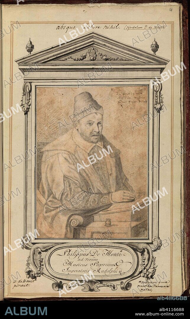Portret van Philippus de Monte. Philippus De Monte - ad vivum Musicus Supremus Imperaloris Rudolphi ii (title on object). Draughtsman: Anselmus Boëtius de Boodt (mentioned on object). Dating: 1596 - 1603. Place: Praag. Measurements: h 220 mm × w 163 mm; h 430 mm × w 270 mm.