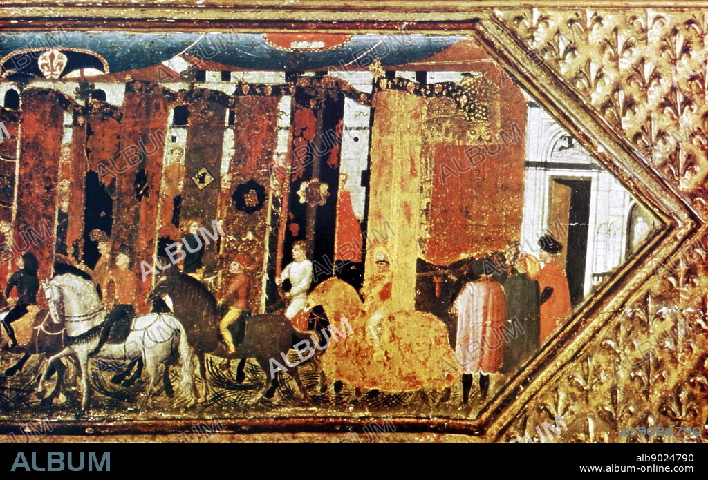 Painting depicting the Loggia dei Lanzi in Florence during the 14th Century. Also called the Loggia della Signoria, is a building on a corner of the Piazza della Signoria.