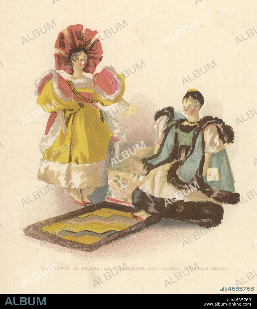 Dolls of Miss Cawse in the roles of Fatima, Lady Brighton, and Cestra Countess Regal in the comic opera Azor and Zemira dressed by young Princess Victoria. Wooden dolls dressed by the young Princess Victoria. Color plate after an illustration by Alan Wright from Frances H. Lows Queen Victorias Dolls, George Newness, London, 1894.