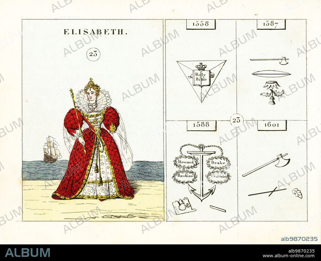 Portrait of Queen Elizabeth I of England, Elizabeth the Good or the Virgin Queen. In crown, high ruff, long dress, holding orb and sceptre. Emblems indicate the establishment of Protestantism, death of Mary Queen of Scots, defeat of the Spanish Armada, and death of the Earl of Essex. Handcoloured steel engraving after an illustration by Mary Ann Rundall from A Symbolical History of England, from Early Times to the Reign of William IV, J.H. Truchy, Paris, 1839. Mary Ann Rundall was a teacher of young ladies in Bath, and published her book of mnemonic emblems in 1815.