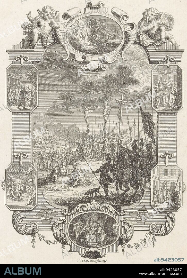 The death on the cross of Christ on Mount Golgotha. On the left in the foreground the soldiers playing dice for his clothes. The performance is captured in a cartouche with medallions in which scenes from the passion of Christ, Cartouche with the crucifixion of Christ., print maker: Jan Caspar Philips, (mentioned on object), Jan Caspar Philips, (mentioned on object), publisher: Hendrik Sligtenhorst, Amsterdam, 1736, paper, etching, engraving, h 163 mm - w 125 mm.