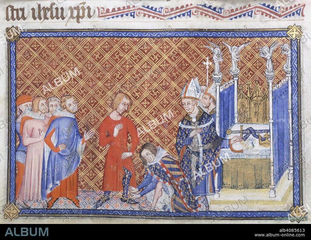 MASTER OF THE CORONATION BOOK. Philip the Bold, Duke of Burgundy vests King Charles V with the Spurs. On the altar is a triptych of the Crucifixion, the crown, the ampulla and the sword in its scabbard. The Archbishop of Rheims extends his left arm towards the ampulla. Coronation Book of Charles V of France. Paris; 1365. Source: Cotton Tiberius B. VIII, f.48v. Language: Latin and French.