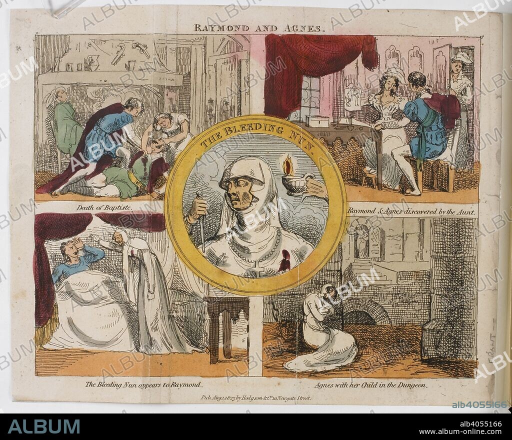 Colour illustrations depicting events from the Gothic novel, the Monk, written by Matthew Gregory Lewis, and published in 1796. The Bleeding Nun, of the Castle of Lindenberg; or, the history of Raymond & Agnes. By the author of the Castle Spectre [M. G. Lewis. An episode from â€œThe Monkâ€]. London : Hodgson & Co., [1823]. Source: 12315.d.27.(5) frontispiece.