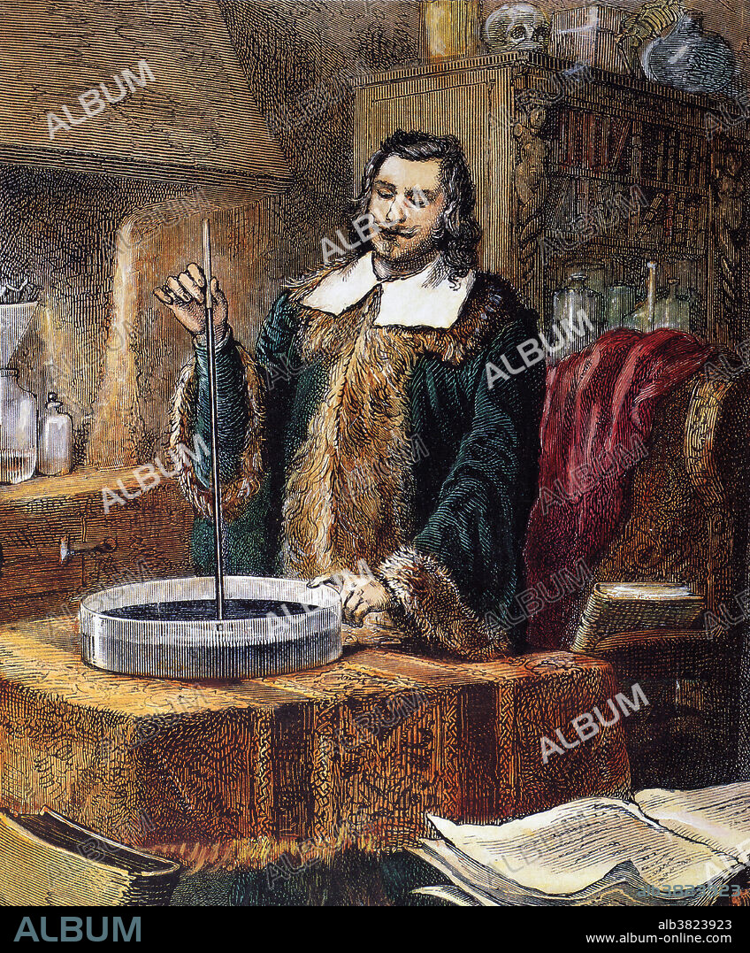 Engraving of Evangelista Torricelli working on his invention of the barometre.