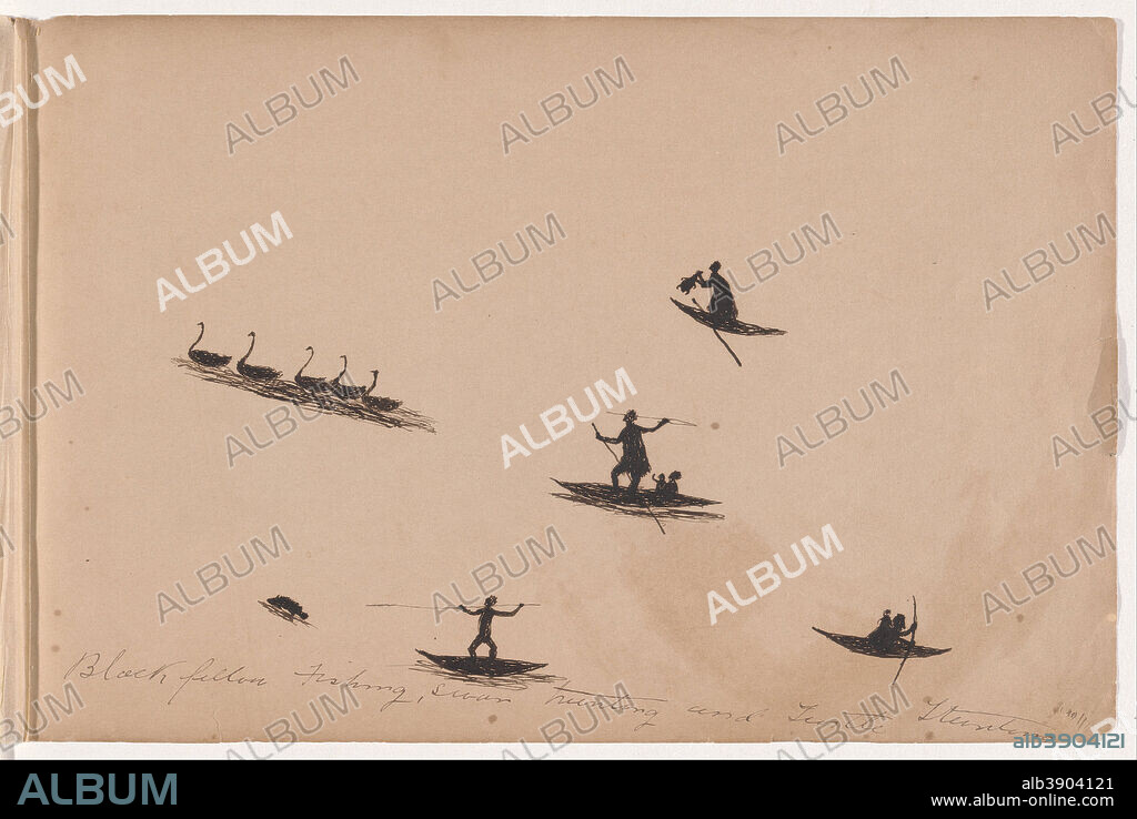 TOMMY MCRAE-KWATKWAT PEOPLE. Black fellows fishing, swan hunting and turtle hunting-Sketchbook of Aboriginal activities. Date/Period: Ca. 1890s. Drawing. Height: 238 mm (9.37 in); Width: 360 mm (14.17 in).