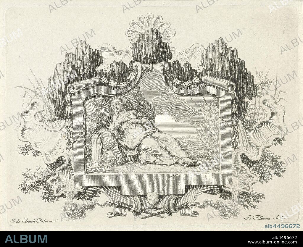 Vignette with the personification of Penitence Virtues and vices (series title), Vignette with the image of the personified Penitence in an ornamental frame. The frame is made up of a cartouche and shell patterns, at the bottom is a heart wrapped with barbed wire. Penitence leans against a stone and holds her hands on her chest while she looks up with regret. The print is part of a series of book illustrations about virtues and vices., Penance, 'Poenitentia', 'Contritione' (Ripa), part of the confession, Jacob Folkema (mentioned on object), 1723 - 1767, paper, etching, h 90 mm × w 121 mm.