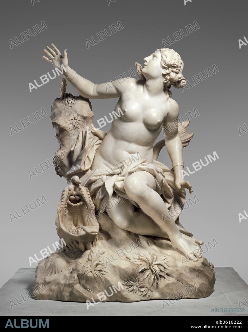Andromeda and the Sea Monster. Artist: Domenico Guidi (Italian, 1625-1701). Culture: Italian, Rome. Dimensions: Overall (confirmed): 64 3/8 x 46 3/8 x 34 5/8 in. (163.5 x 117.8 x 87.9 cm). Patron: Commissioned by Francesco II, Duke of Mantua and Reggio (Italian, 1660-1694) , who died before the sculpture's completion. Date: 1694.
Acquired in Rome by John Cecil, the fifth Earl of Exeter (1648-1700), this sculpture was long believed to have been the work of Pierre-Étienne Monnot, the French-born sculptor who carved the English statesman's funerary monument. The Andromeda, thoroughly Roman Baroque in conception and treatment, was once thought to have been merely influenced by Domenico Guidi, Monnot's mentor, but now seen to be Guidi's own work.
The sculpture has recently been identified as the Andromeda (previously considered lost) originally commissioned by Francesco II d'Este, Duke of Modena, who died before acquiring it. John Cecil bought the work for Burghley House, his Northamptonshire residence, where it remained until this century.